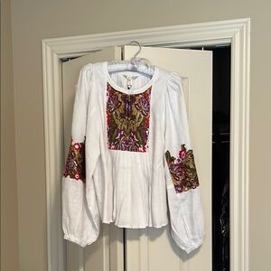 Banana Republic White Blouse with Multicolor Embroidery